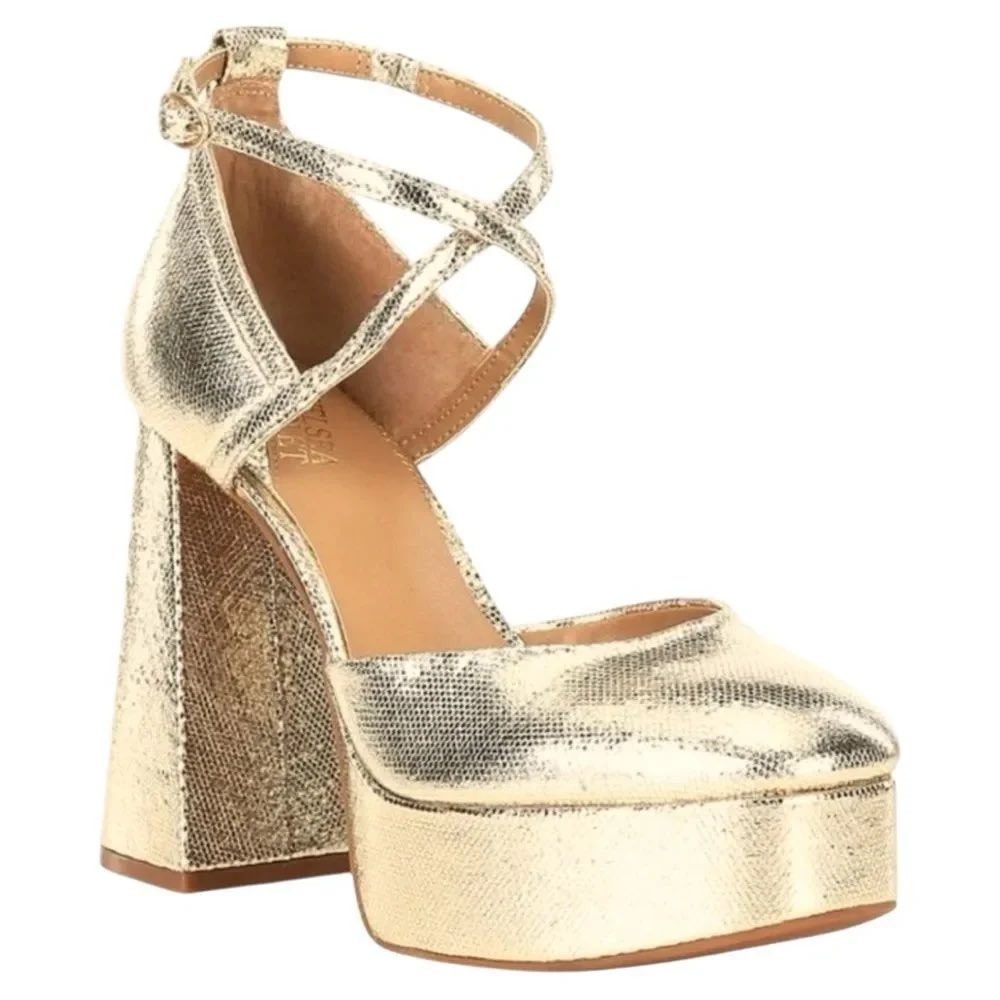 Chelsea Violet Gold Metallic Platform Block Heel Sandals 11 Y2k